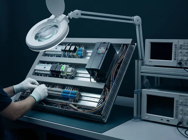 Wizualizacja: montaż szafy sterowej dźwigu na stanowisku produkcji elektroniki